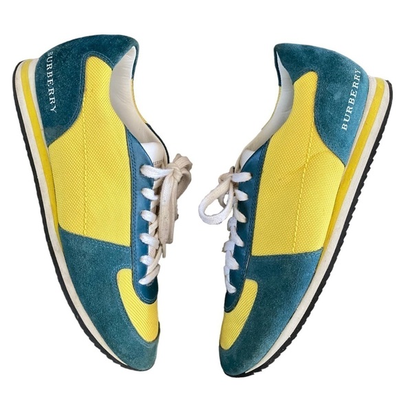 Burberry Pop Suede Nylon Sneakers Runners Teal and Yellow - Picture 11 of 14